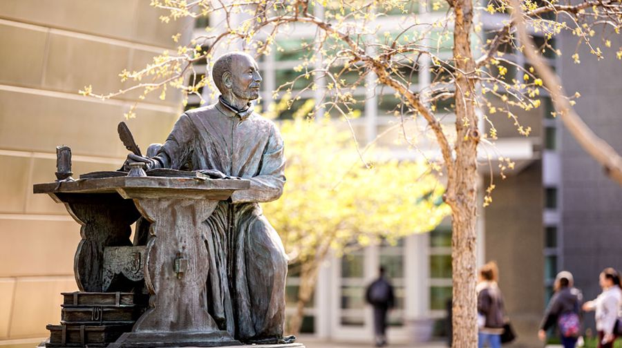 A statue of Saint Ignatius on the Health Sciences Campus of Loyola University Chicago