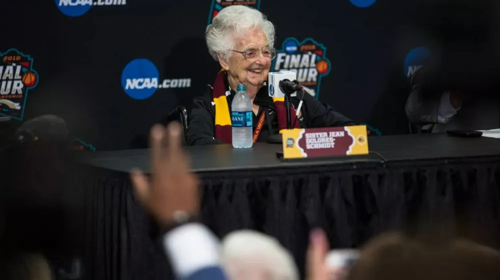 Sister Jean being interviewed during the Final Four run in 2018.