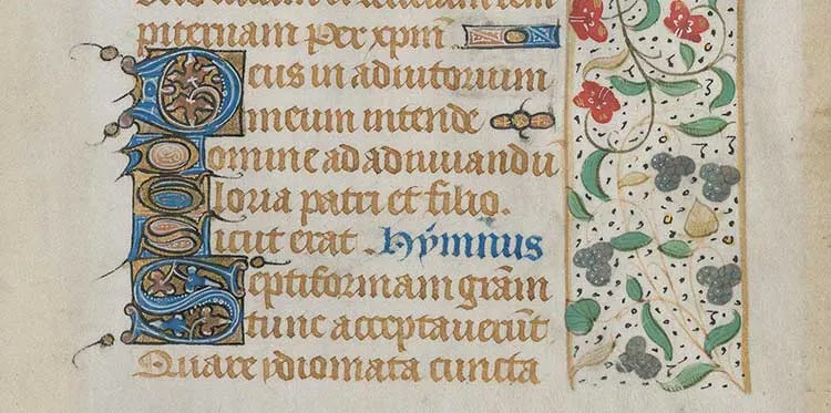 Section of a handwritten manuscript leaf from a Book of Hours. Section of a handwritten manuscript leaf from a Book of Hours.