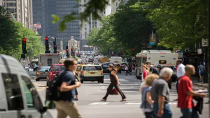 Busy urban intersection with people crossing during the day