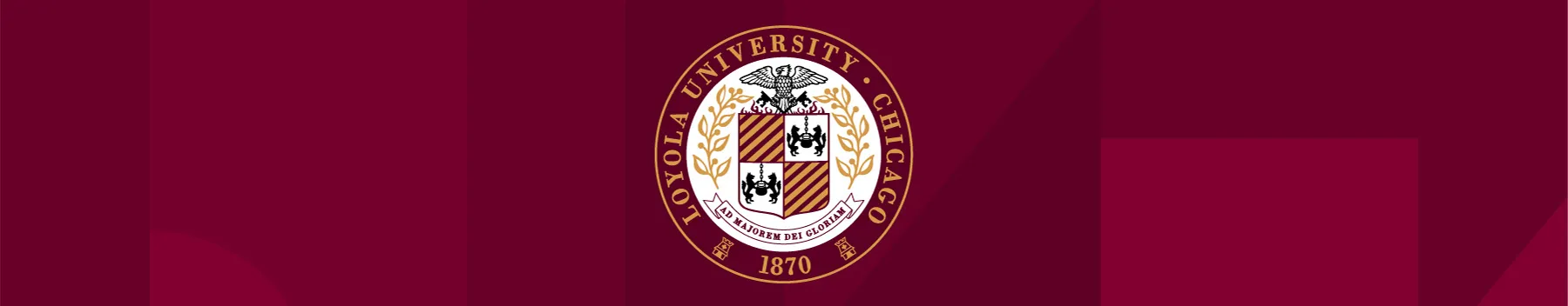 Loyola University Chicago Commencement banner. The banner includes the official Loyola University Chicago seal on a background of var\ious maroon shapes that looks very much like a random stained glass pattern.