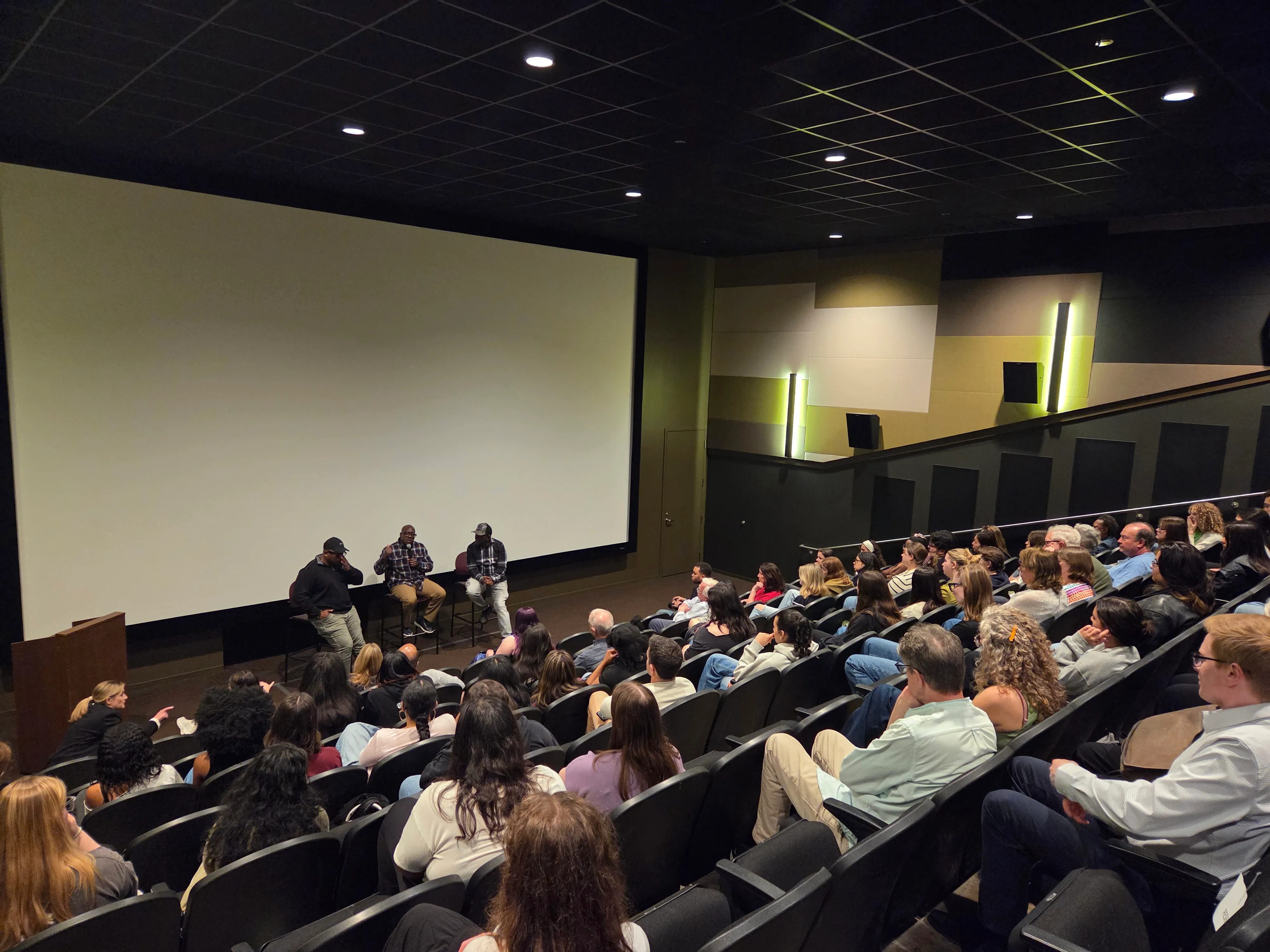 Attendees of 'The Alabama Solution' screening sit in a theatre, facing the screen