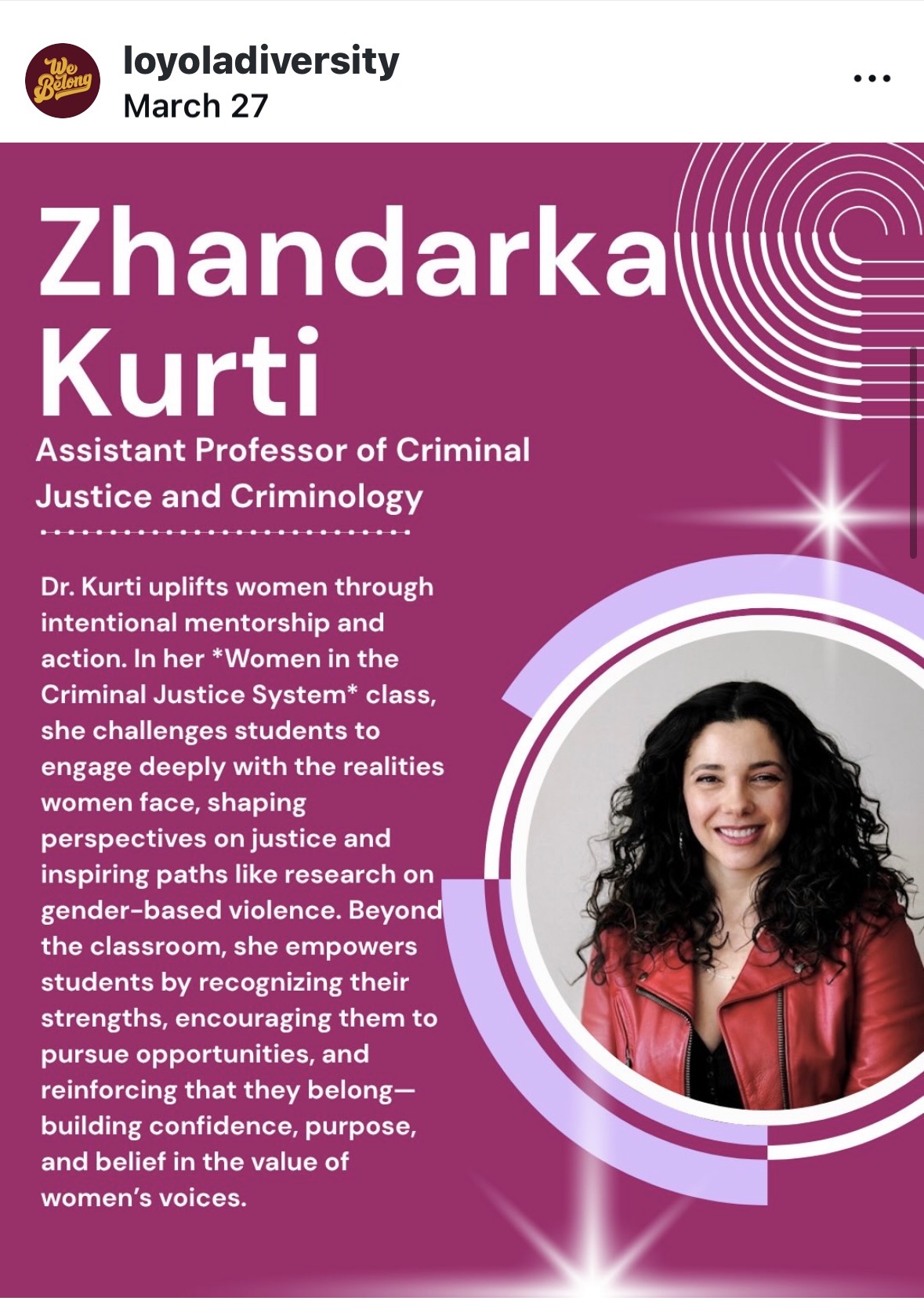 Dr. Kurti as spotlighted on LUC's Office of Institutional DEI Instagram Page