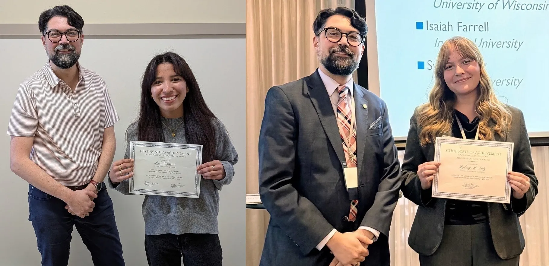 Leah Nuzman (left) and Sydney Lutz (right) holding their respective MCJA awards. They are pictured with Dr. Mike Vecchio.
