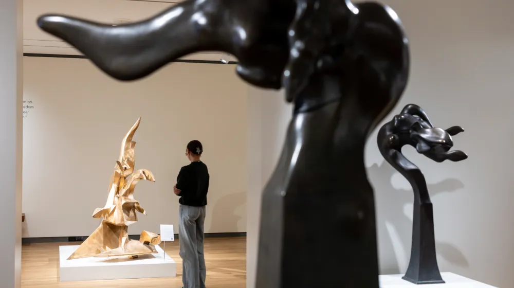 Gallery guest looks at Richard Hunt sculpture at LUMA. 