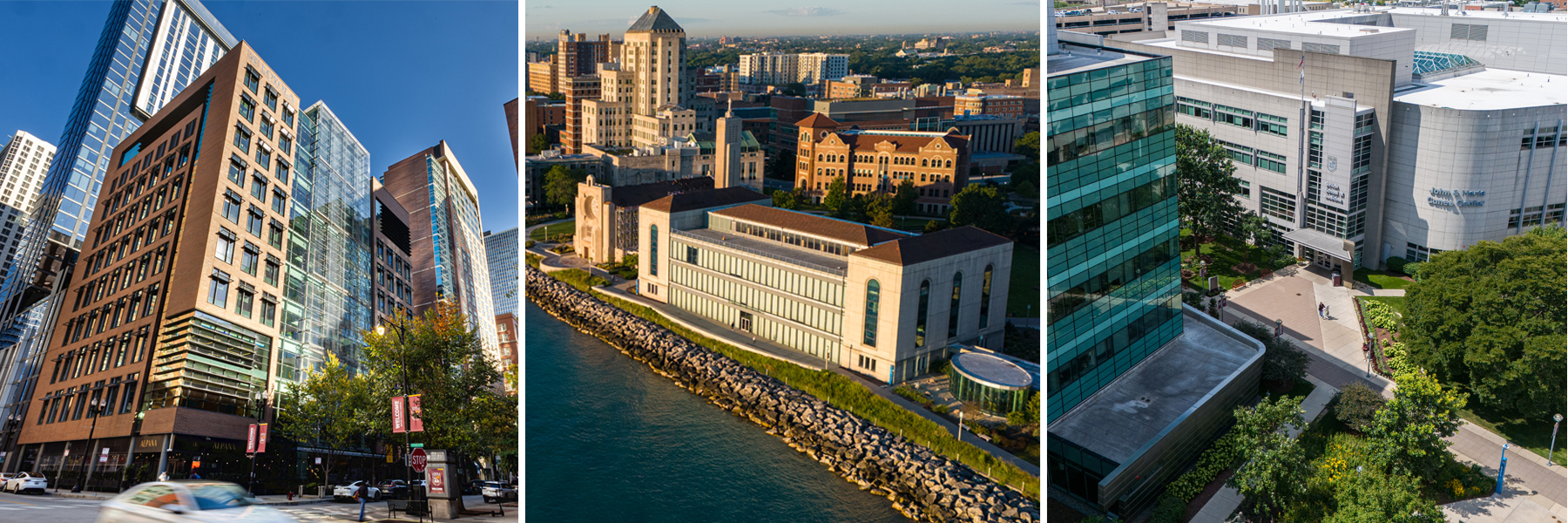 Three images showcase the three campuses of Loyola. The Lake Shore Campus, Water Tower Campus, and Health Sciences Campus.