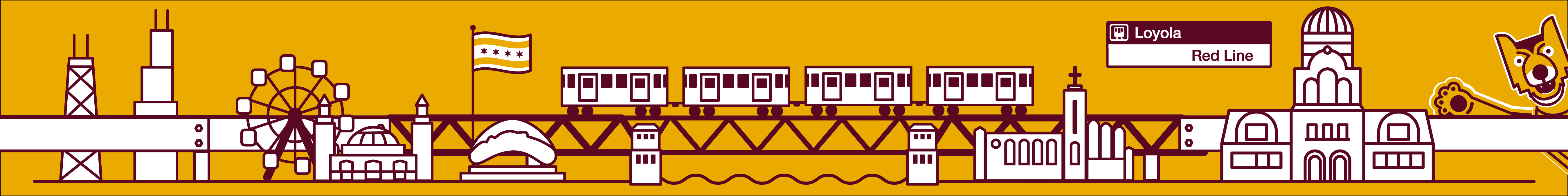 An illustration of a train moving through various chicago and lake shore campus landmarks