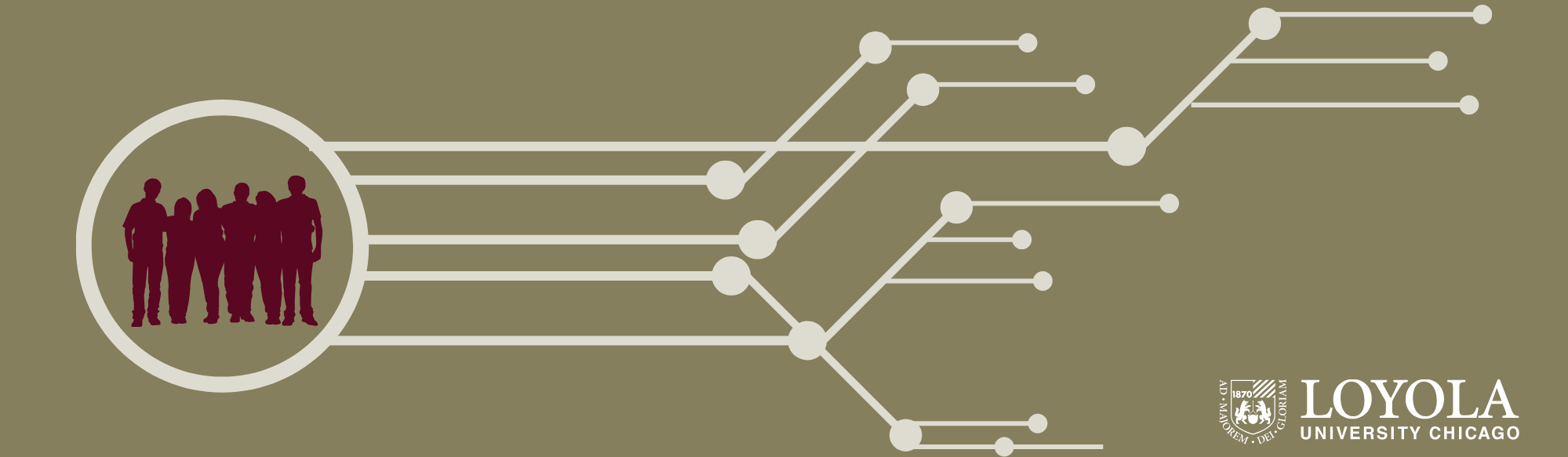 Circle with humans in the center and computer circuitry flowing out 