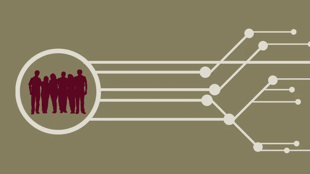 graphic of people in a circle with computer circuitry flowing from the circle