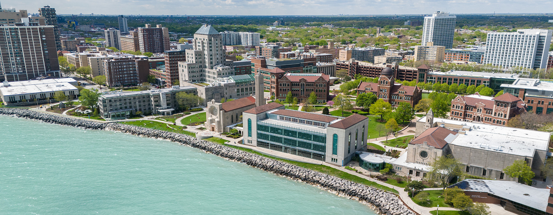 An aerial view of Lake Shore Campus from the east.