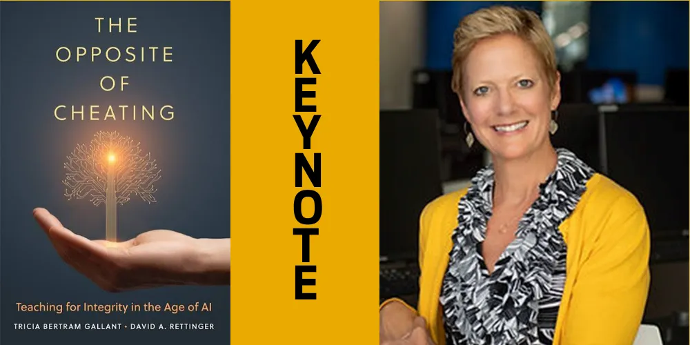 on the left, the cover of the Book, opposite of cheating. On the right, Tricia Beltram Gallant sitting in a yellow sweater smiling. Keynote in between