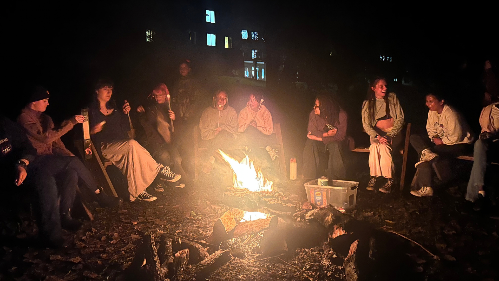 Gannon students sit around a campfire at LUREC. Gannon students sit around a campfire at LUREC.