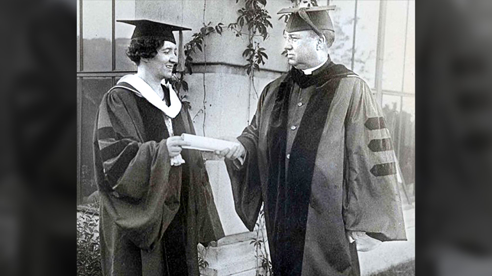 The Reverend Frederic “Siedie” Siedenburg, S.J. (right) championed graduate study and women’s education at Loyola. 