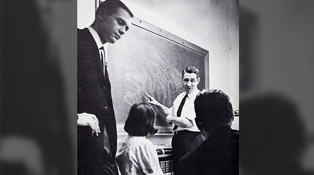 Dr. Raymond Mariella teaching a chemistry class, circa 1966-67.