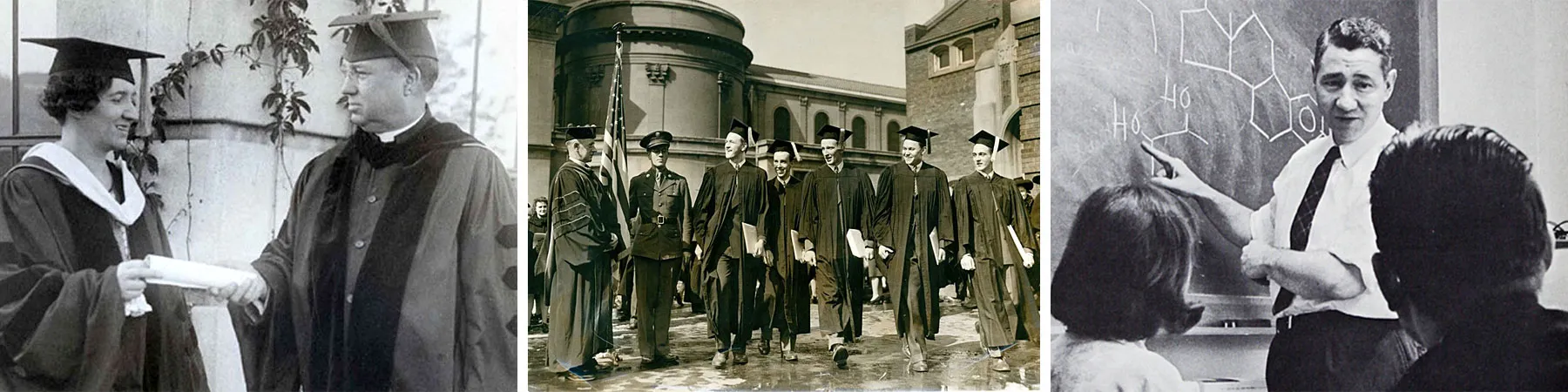 Three historic images of Graduate School faculty and students