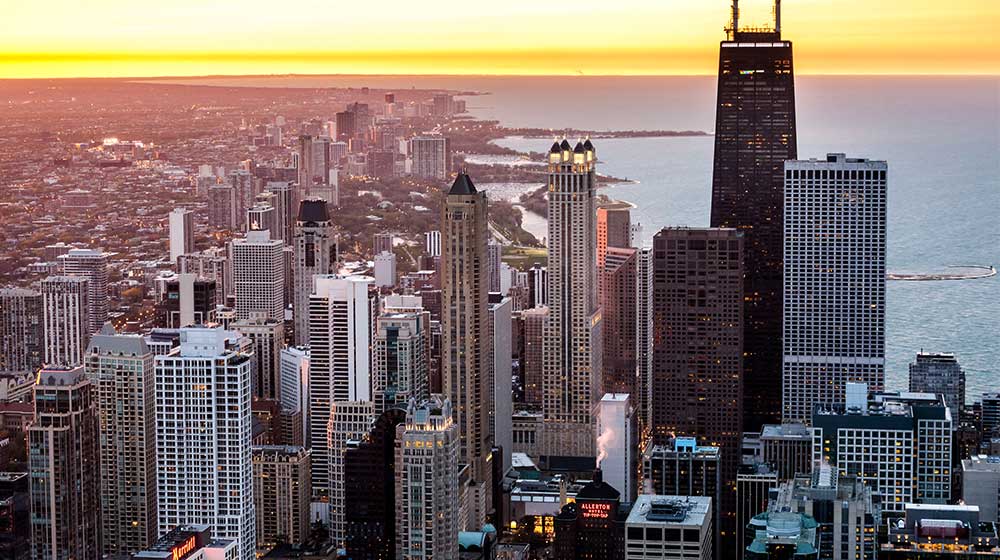 Aerial shot of Chicago's skyline at dusk
