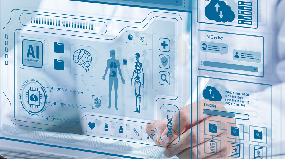 A medical researcher uses a digital stylus on slightly translucent display that shows various health and technology gaphics and icons.