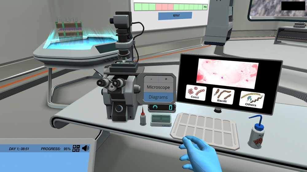 A VR-virtual lab environment in Labster with a digital microscope, screen, and hand with a glove visible.