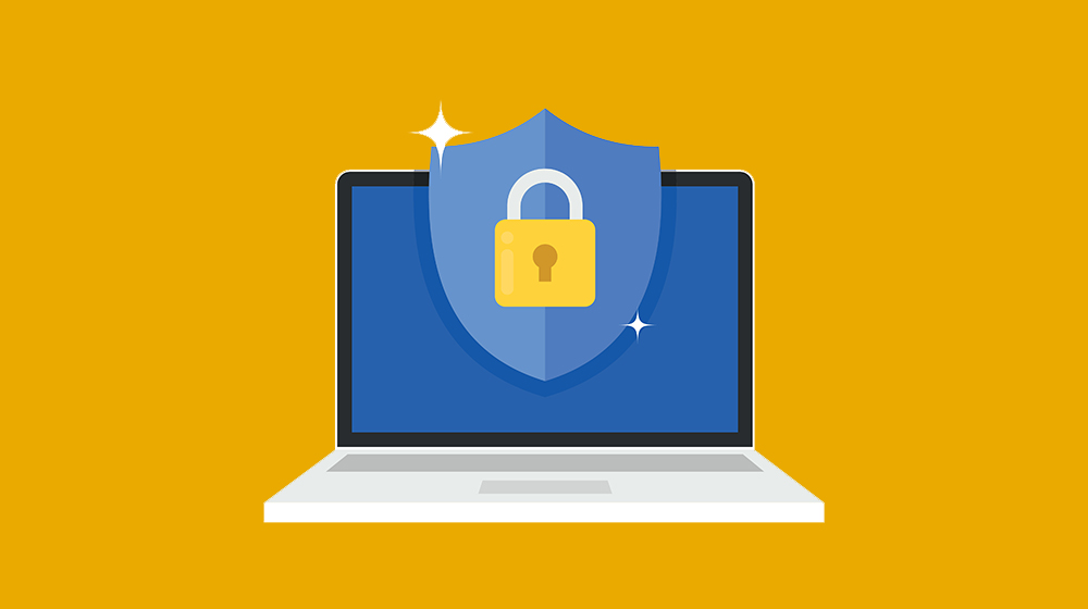 A laptop graphic with a shield and lock in front of the monitor indicating a focus on security.