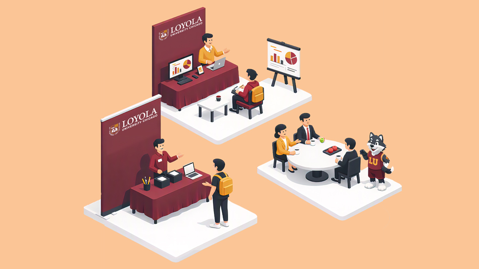 An animated image of a Loyola conference with people eating lunch, attending presentations, and viewing tables