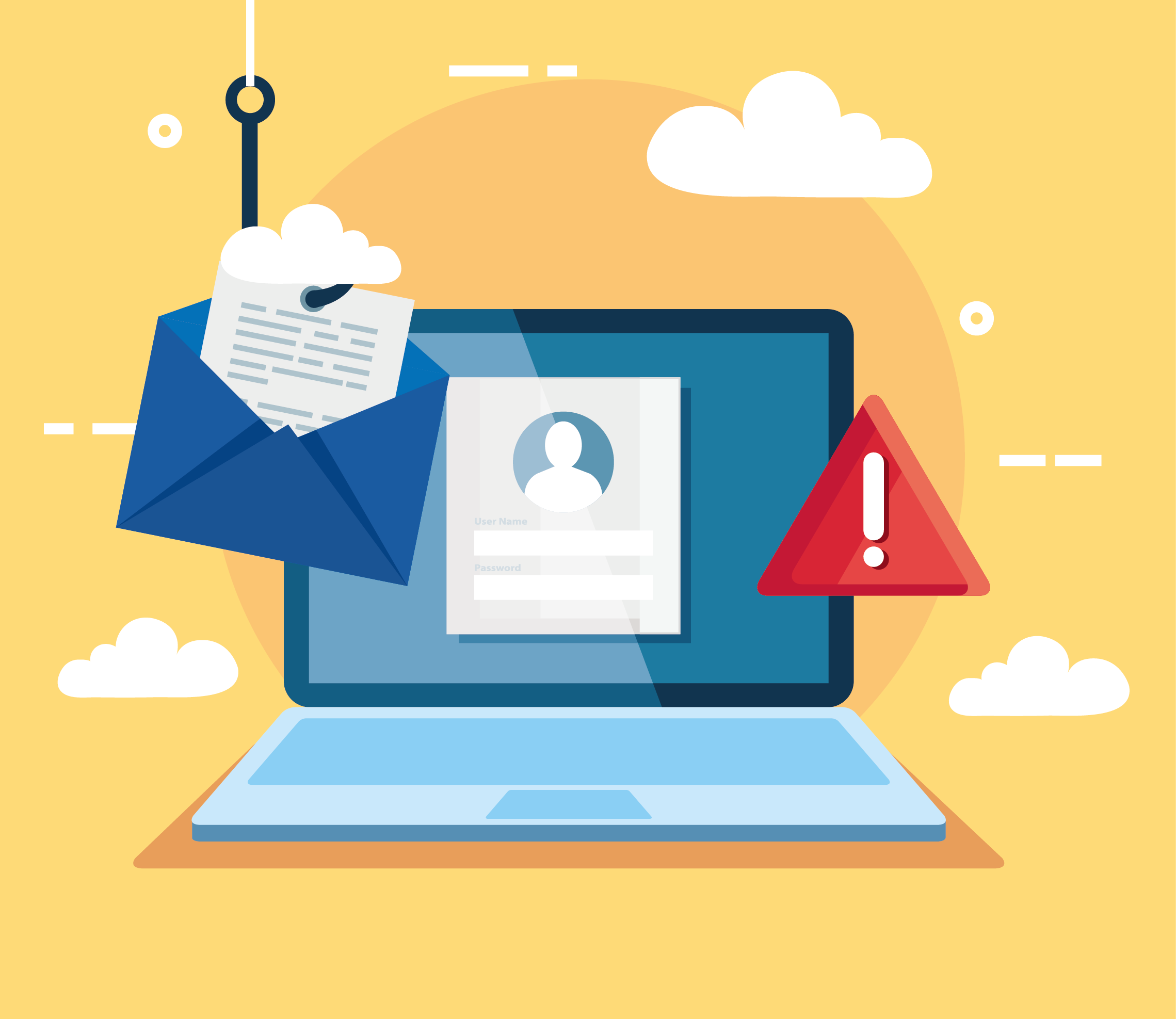Graphic image of a laptop showing an email alert, and a fishhook implying phishing risk