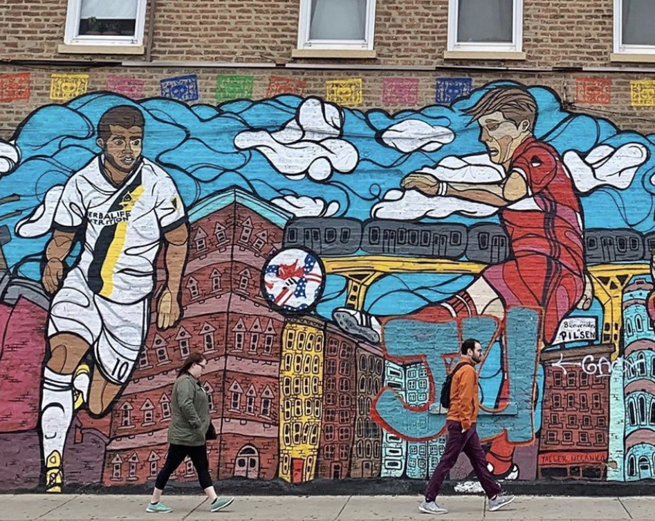 Former Chicago Fire Soccer mural in the Pilsen neighborhood on the corner of Ashland Avenue and 18th Street in Chicago, Illinois Former Chicago Fire Soccer mural in the Pilsen neighborhood on the corner of Ashland Avenue and 18th Street in Chicago, Illinois