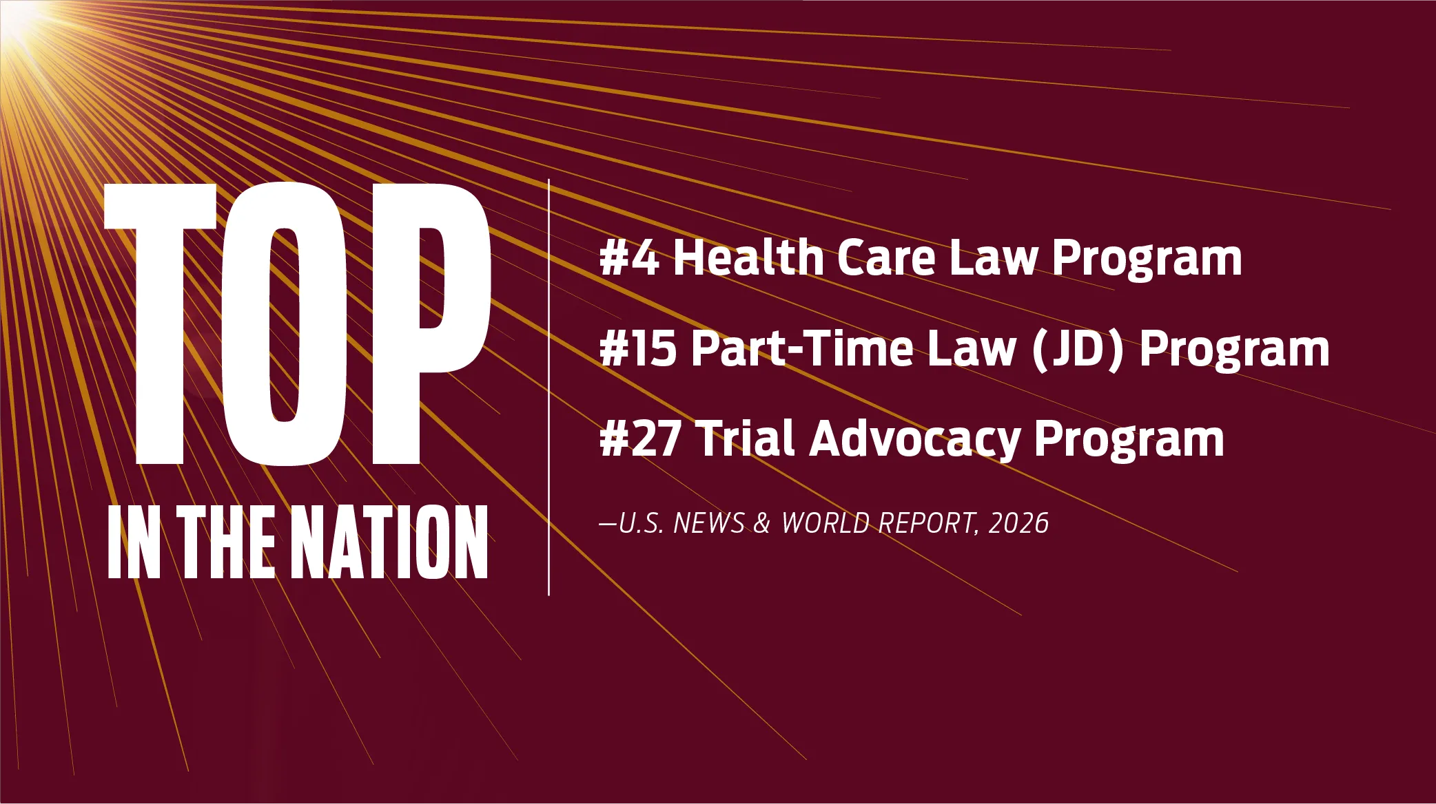 Top in the nation: #4 in Health Care Law Program; #15 in Part-Time Law (JD); #27 in Trial Advocacy Program (U.S. News & World Report, 2026)