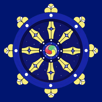 نافذة زجاج ملون تمثل ديانة البوذية