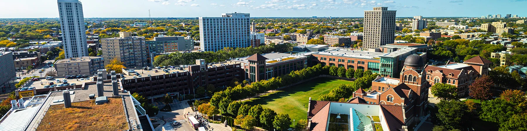 Fall scene from Loyola's Lake Shore Campus from an Aerial view