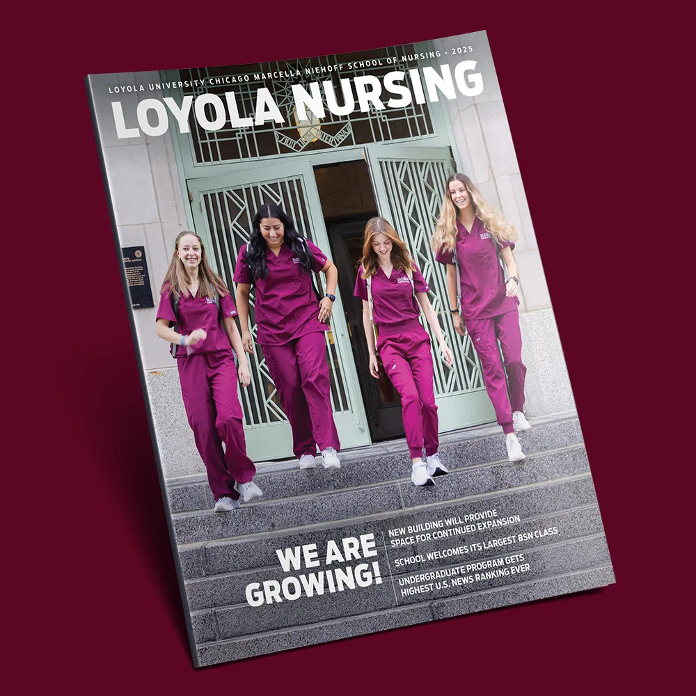 Cover of Loyola Nursing magazine 2025 against maroon background