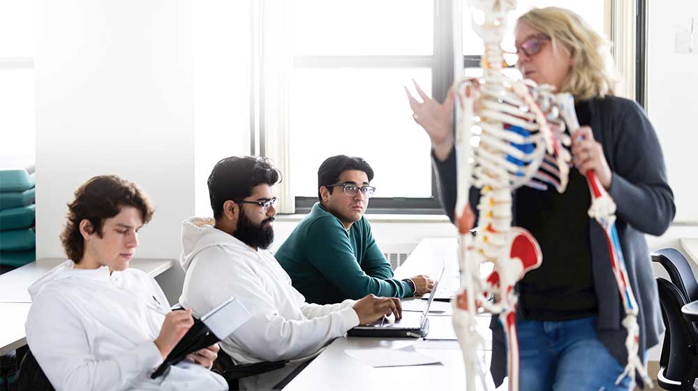 Loyola students study exercise science on a training human skeleton