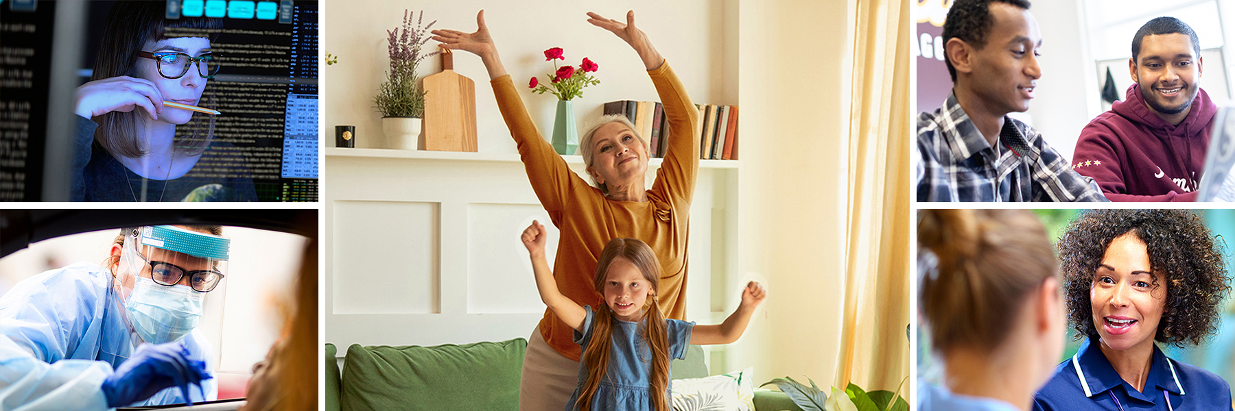 Five images, one larger in the middle, and a combination of two smaller images on the left side and right side depict different aspects of personal well being, health sciences, and public health.