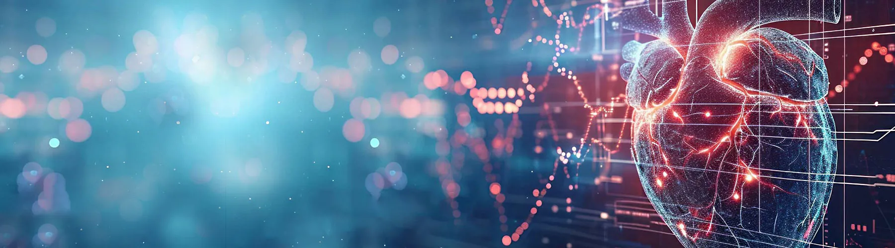 A bright line illustration of a heart and major arteries on a blue and pink soft focus background with many spots of lens flare.