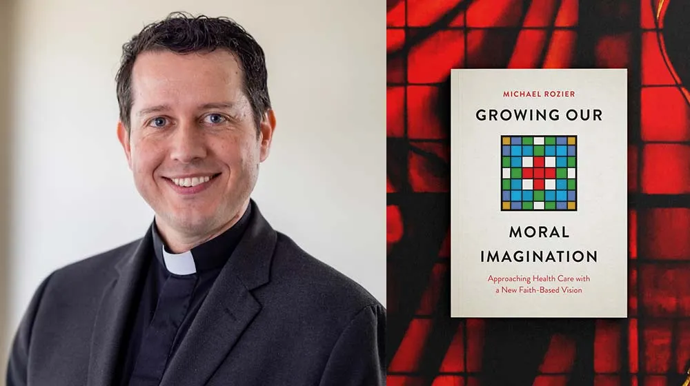 Fr. Rozier smiling next to a book cover image