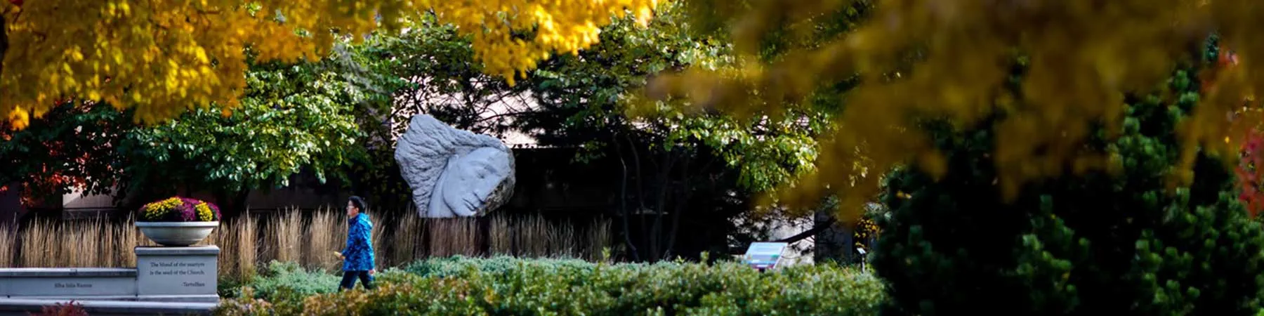 A student walks past a statue in a forested walking path on Loyola University Chicago's Lake Shore Campus