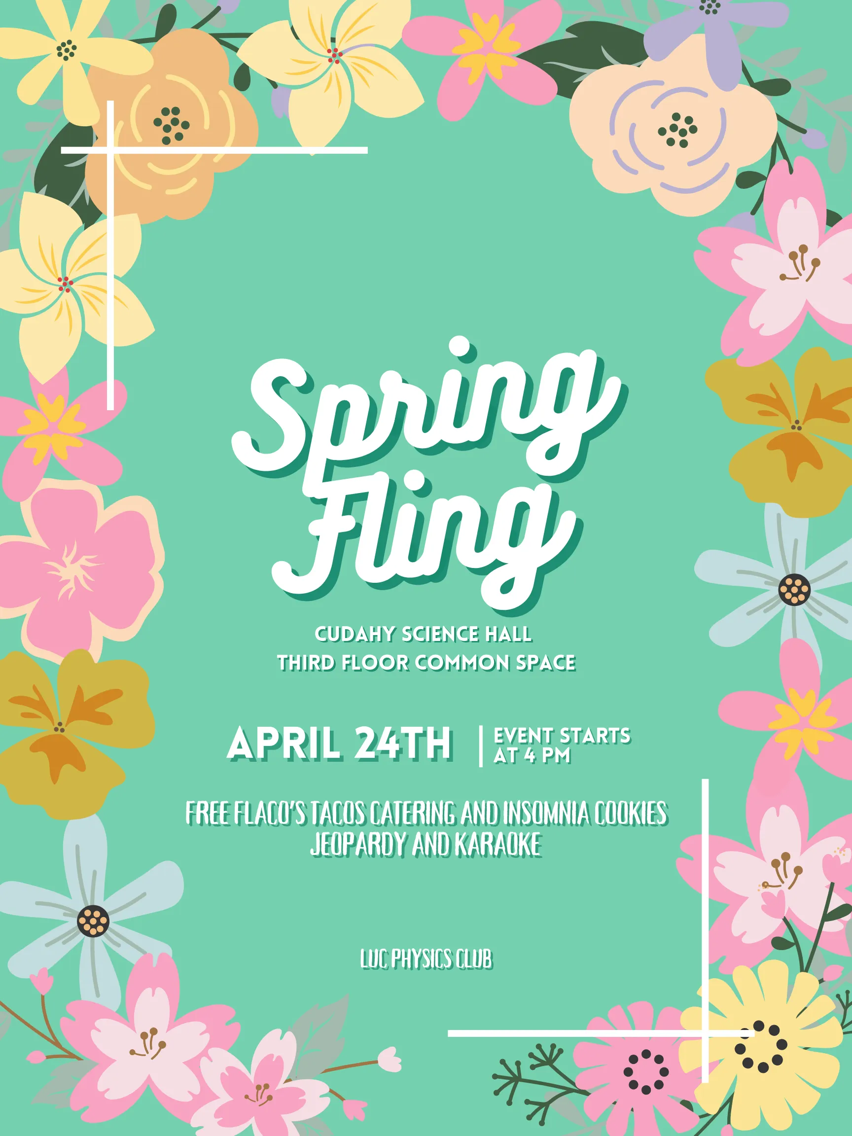 Graphic with flowers and description of event (tacos, trivia and karaoke)