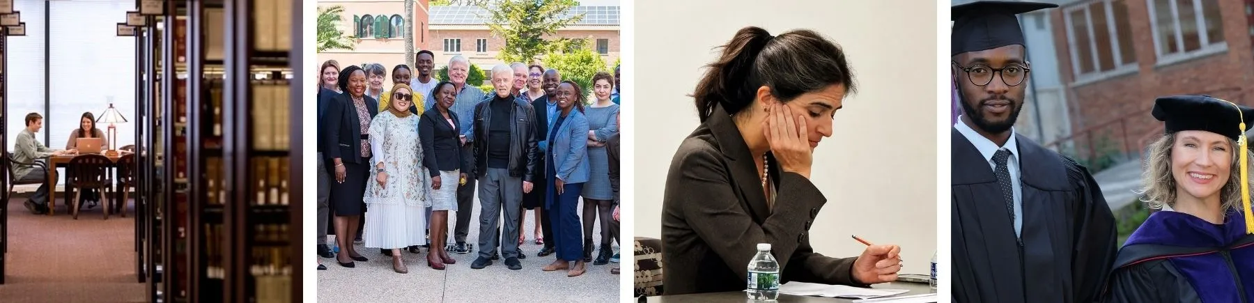 four tile images representing the Rule of Law Institute: Students in Law Library; PROLAW cohort and Advisory Board; LROLI Director; PROLAW graduates