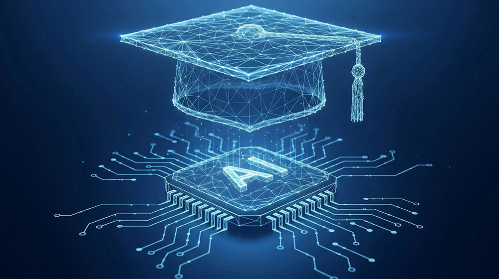Digital graduation cap floating above AI chip