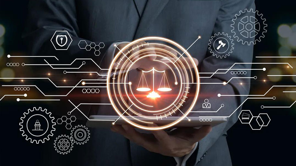 Scales of justice with digital overlay Scales of justice with digital overlay