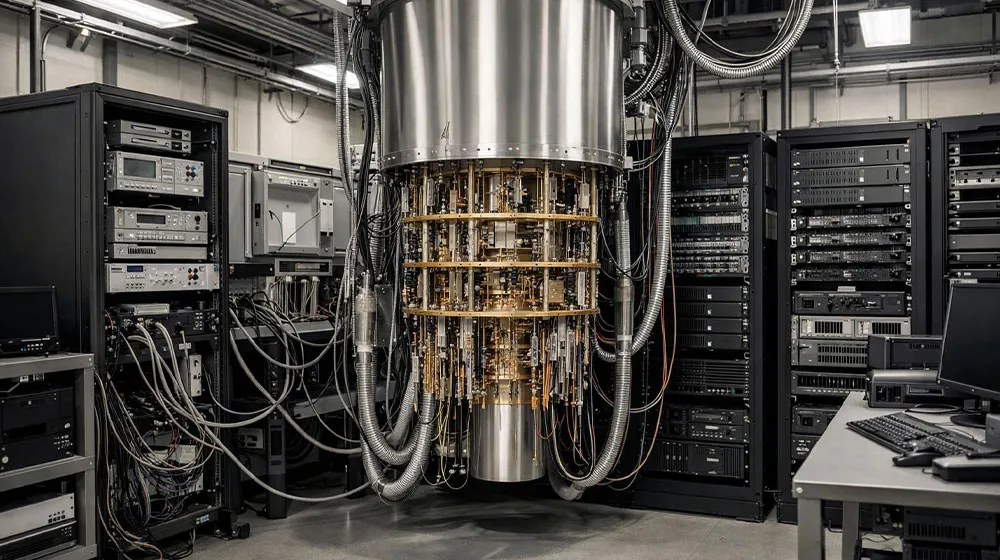 Quantum computer in lab surrounded by machines and wires Quantum computer in lab surrounded by machines and wires