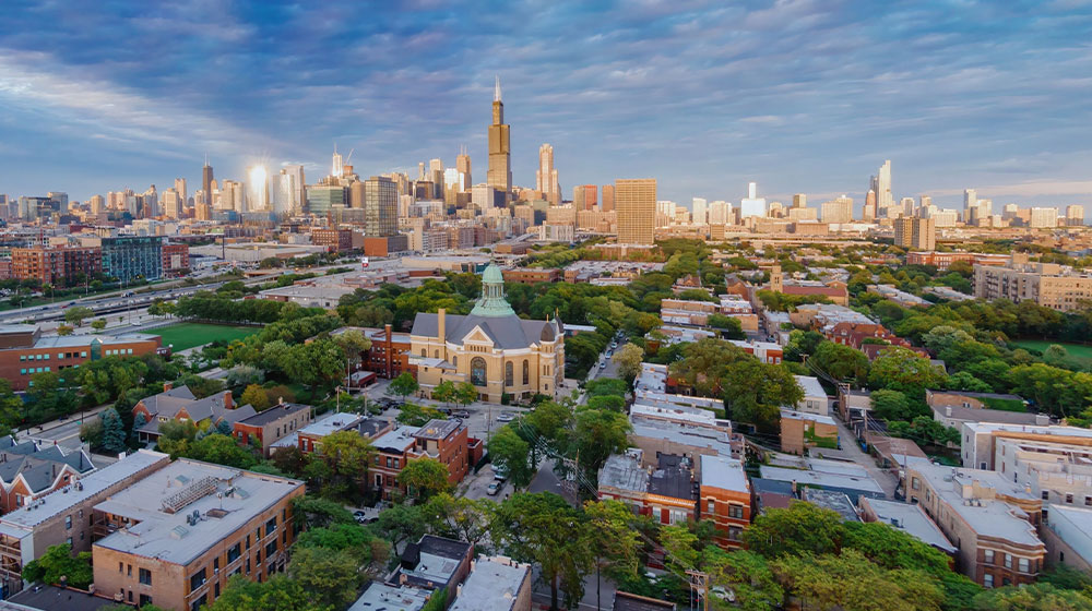 Wide shot of Chicago's skyline and sprawling neighborhoods Wide shot of Chicago's skyline and sprawling neighborhoods