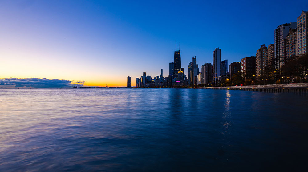 Chicago Skyline seen over Lake Michigan at dusk Chicago Skyline seen over Lake Michigan at dusk