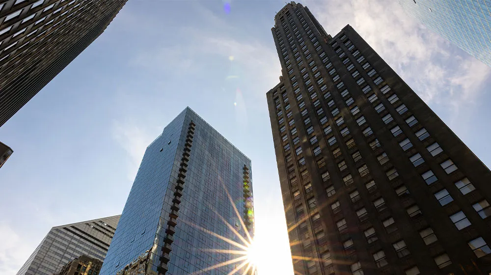 Low angle image looking directly up at Chicago skyscrapers Low angle image looking directly up at Chicago skyscrapers