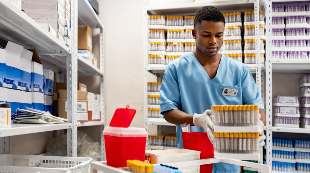 Lab nurse working in a medical inventory room Lab nurse working in a medical inventory room