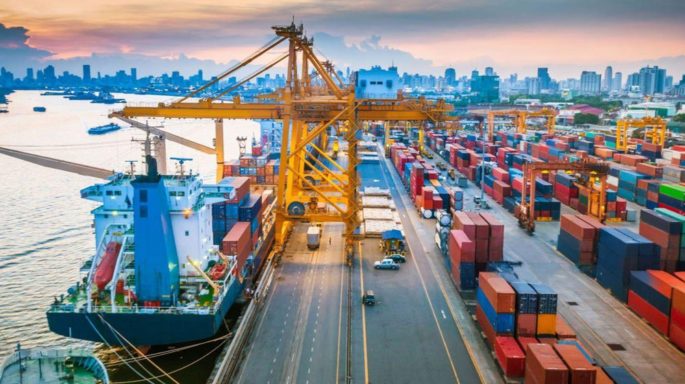 Wide shot of a supply chain container port