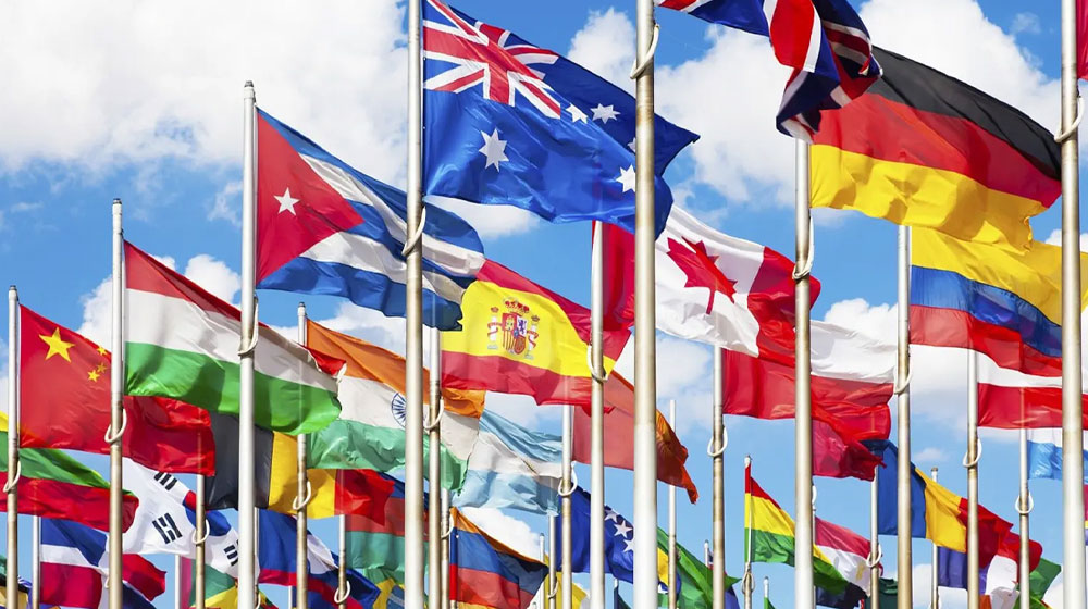 United Nations flags blowing in wind