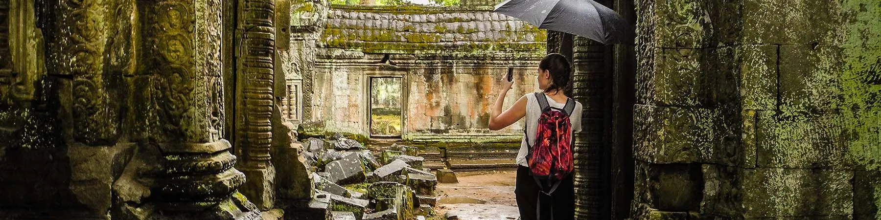 Student taking pictures in the rain in Southeast Asia