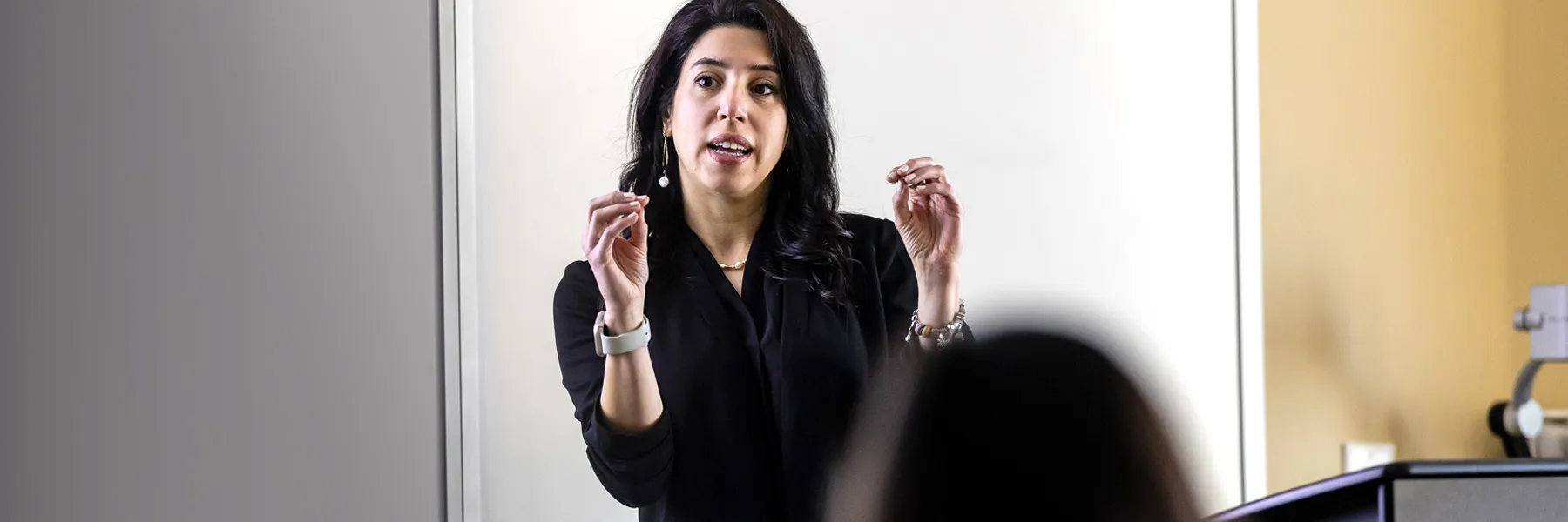 Shabnam Azimi speaks to students as she stands near a whiteboard at the front of the classroom.