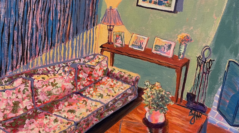 Oil on canvas painting of a couch in a living room with a lamp in the corner