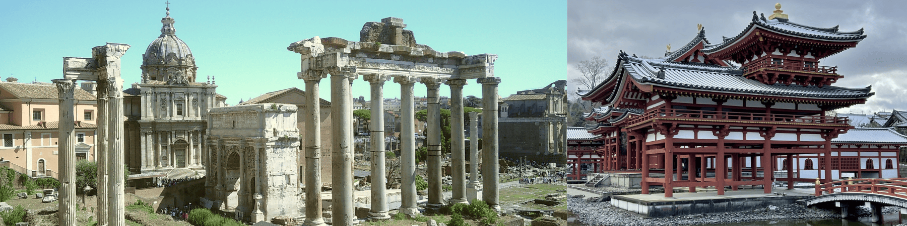 A twofold image with ruins of the Roman Forum under a blue sky, with columns and historic buildings on left; and a Japanese pagoda with snow on the roof, reflected in water with a red bridge on the right.